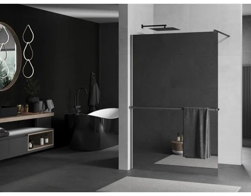 Mexen Kioto+, sprchová zástena Walk-In s poličkou a vešiakom 110 x 200 cm, 8mm sklo vzor zrkadlo, grafitový profil, 800-110-121-95-50