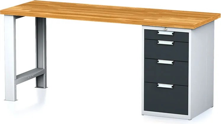 Dielenský pracovný stôl MECHANIC I, pevná noha + dielenský box na náradie, 4 zásuvky, 2000 x 685 x 880 mm, grafitové dvere