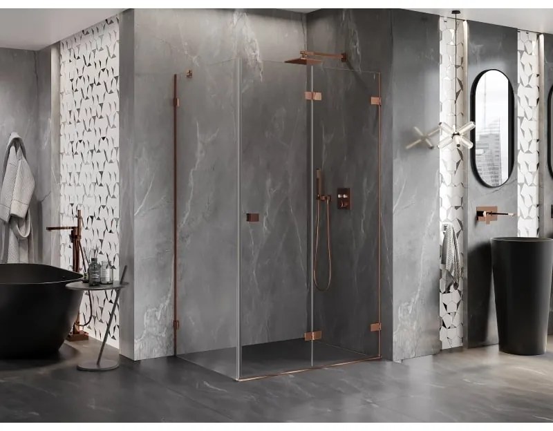 Mexen Lunar-F, 1-krídlový sprchový kút so skladacími dverami, pravý, 95 x 80 cm, 8mm číre sklo, ružové zlato profil, 836-095-080-60-00-P