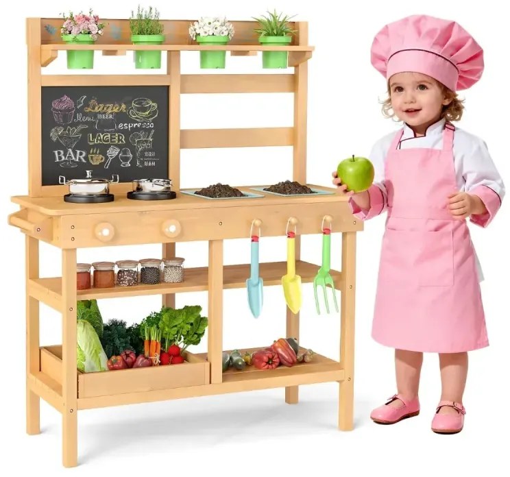 Detská hlinená kuchynka s tabuľou, kohútikom, drezom a kvetináčmi, drevená detská kuchynka