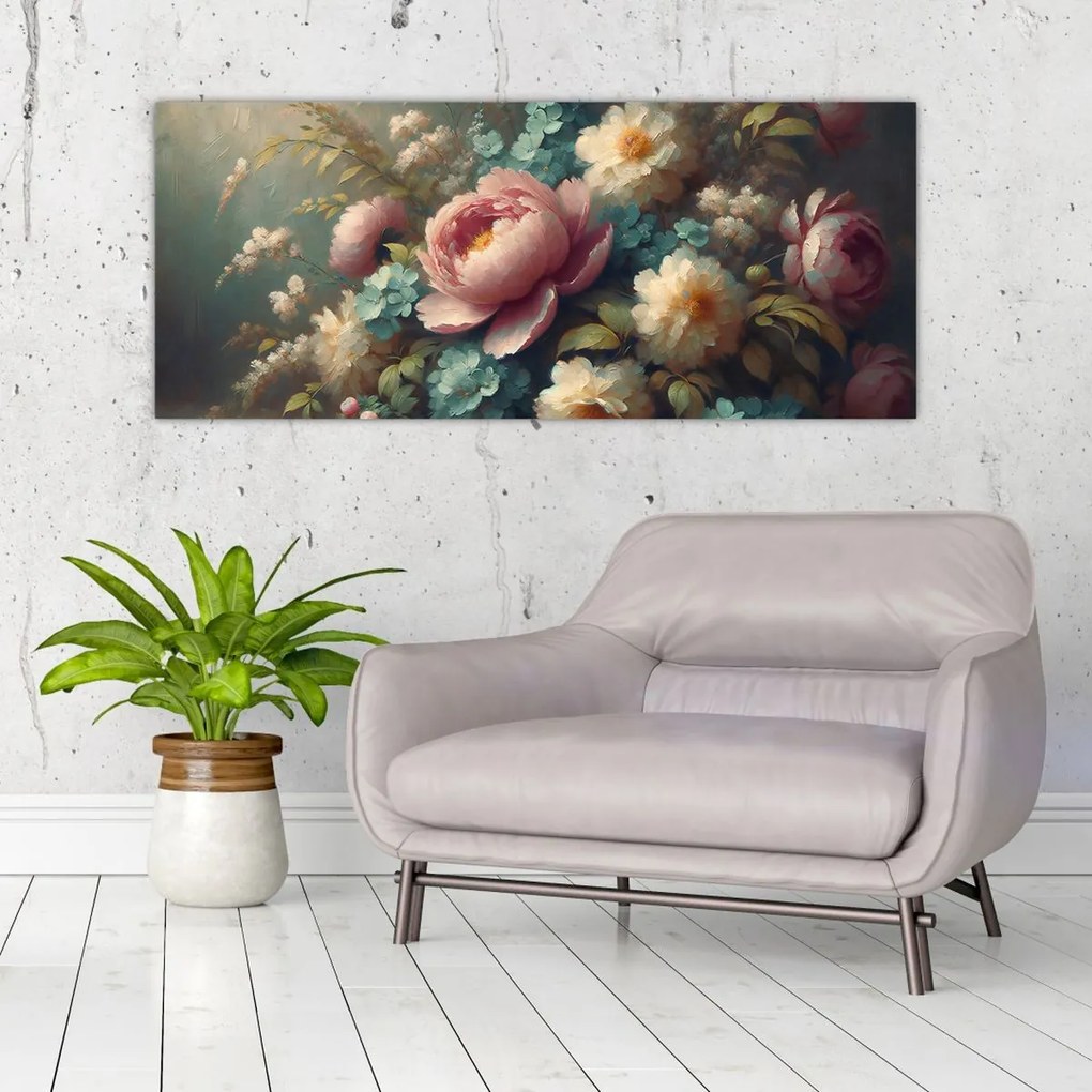 Obraz - Zátišie s kvetmi - maľba (120x50 cm)