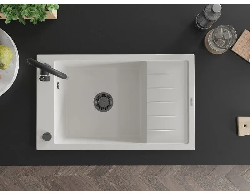 Mexen Elias, 1-komorový granitový drez s odkvapkávačom 795x480x200 mm a čierna matná kuchynská batéria Telma, biela, 6511-20-670200-70