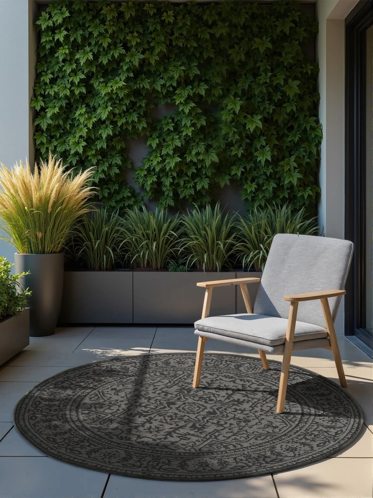 NORTHRUGS, Kusový koberec Duet Kona 106248 Black/White kruh - na von aj na doma, 160x160 (priemer) kruh, čiernobiela, chodba / predsieň