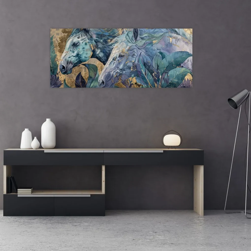 Obraz - Kone so zlatým pozadím (120x50 cm)