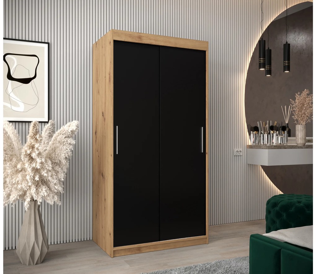 Šatníková skriňa 100 cm Toki (Dub artisan + Čierna matná). Akcia -41%. Vlastná spoľahlivá doprava až k Vám domov. 1064798