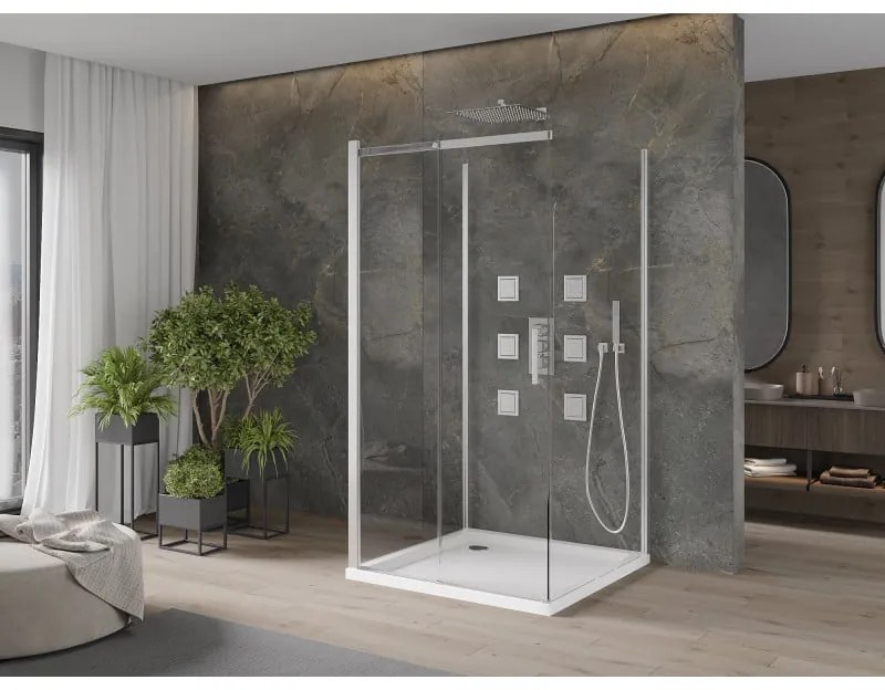 Mexen Omega, 3-stenový sprchovací kút s posuvnými dverami 100 (dvere) x 100 (stena) x 190 cm, 8mm číre sklo, chrómový profil + biela sprchová vanička SLIM, 825-100-100-01-00-3s-4010