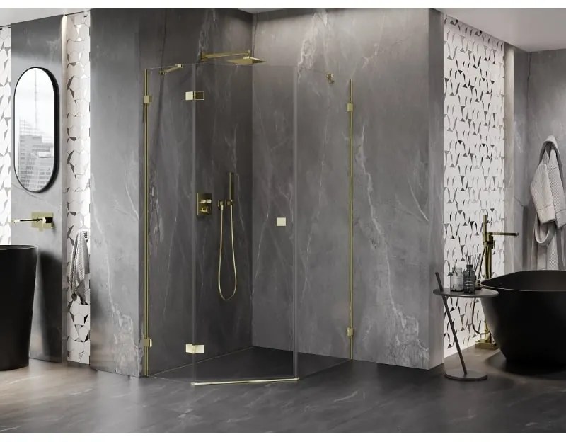 Mexen Lunar, päťuholníkový sprchový kút s ľavým sklonom 80 x 100 cm, 8mm číre sklo, zlatý profil, 831-080L-100P-50-00-L