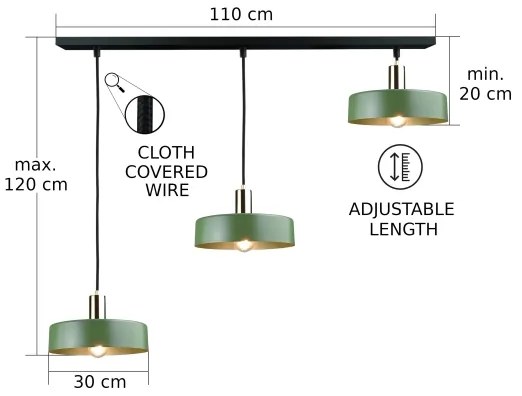 Luster na lanku HAKI 3xE27/60W/230V zelená/čierna/lesklý chróm