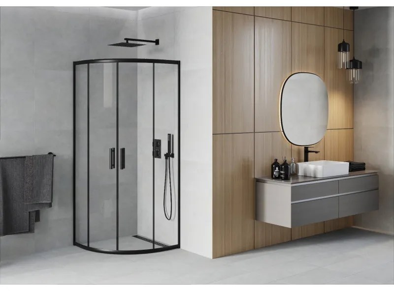 Mexen Rio, štvrťkruhový sprchovací kút s posuvnými dverami 90(dvere) x 90(dvere) x 190 cm, 6mm číre sklo, čierny profil, 863-090-090-70-00