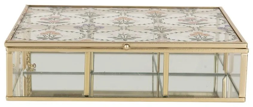 Mosadzná antik kovová sklenená šperkovnica s kvetinami - 20*16*5 cm