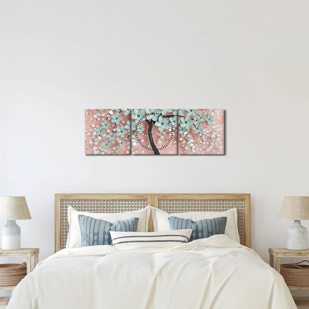 Obraz - Pastelovo modré kvety (s hodinami) (90x30 cm)