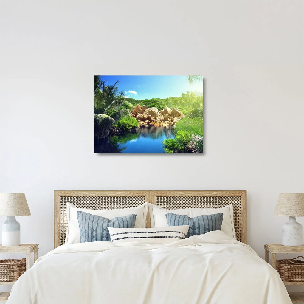 Sklenený obraz jazera v Seychelskej džungli (70x50 cm)