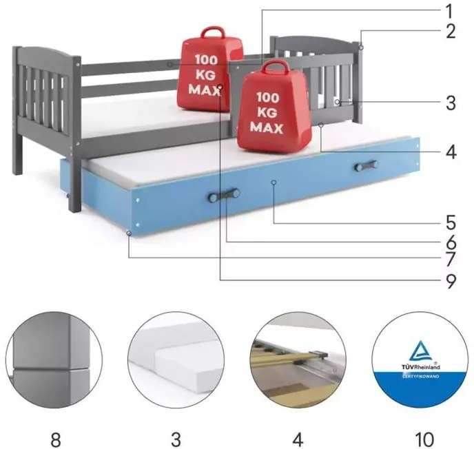 Posteľ s prístelkou KUBO 2 190x90 grafit - modrá