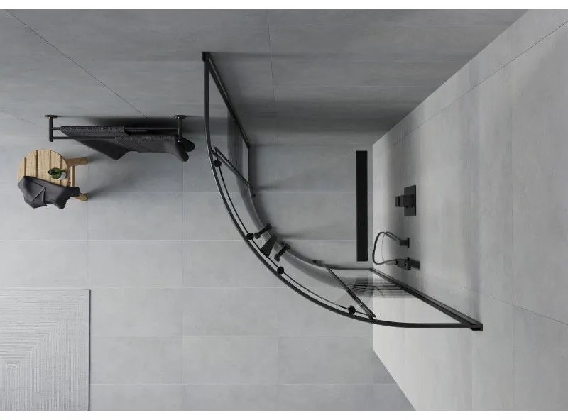 Mexen Rio, štvrťkruhový sprchovací kút s posuvnými dverami 90(dvere) x 90(dvere) x 190 cm, 6mm číre sklo s pásikmi, čierny profil, 863-090-090-70-20