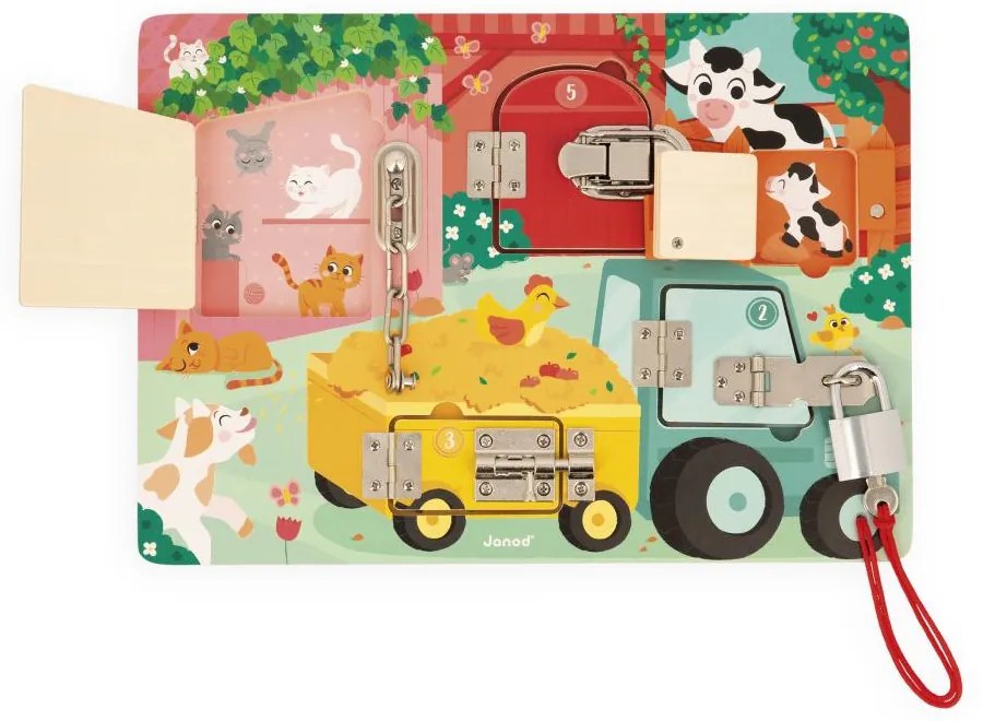 Drevená motorická hra so zámkami - Farma