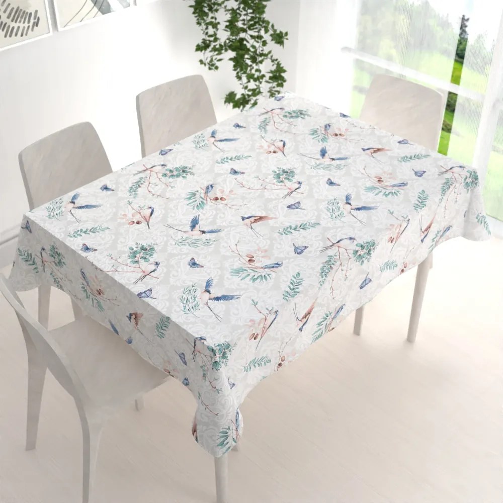 Biante Bavlnený obdĺžnikový obrus Sandra SA-471 Lastovičky s motýlikmi na svetlo sivom ornamente 100x140 cm