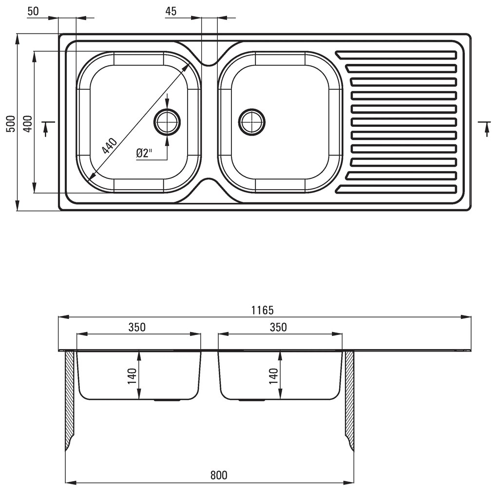 Deante Techno, nerezový drez na dosku 2-komorový Z/O 1165x500x130 2" + sifón, vzor dekor, ZEU_3210