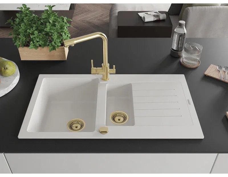 Mexen Matias, granitový drez 900x505x200 mm, 1,5-komorový a zlatá batéria Duero, biela, 6502-20-671600-50