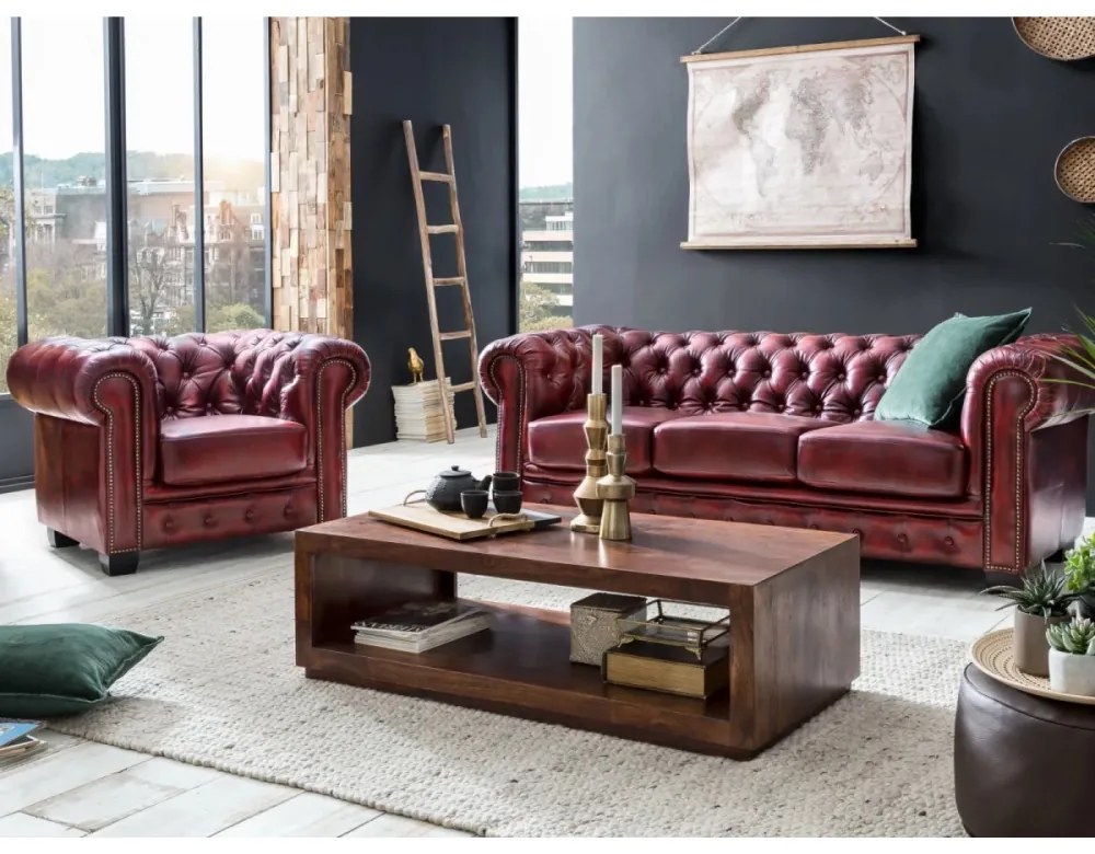 furniture-nabytek.cz - Masívna sedačka Chesterfield z pravej kože, červená