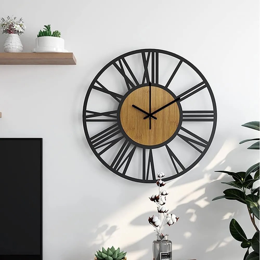 Tutumi Tutumi, okrúhle nástenné hodiny 35 cm kovové / drevené MC70902, čierna-hnedá, ZEG-08743