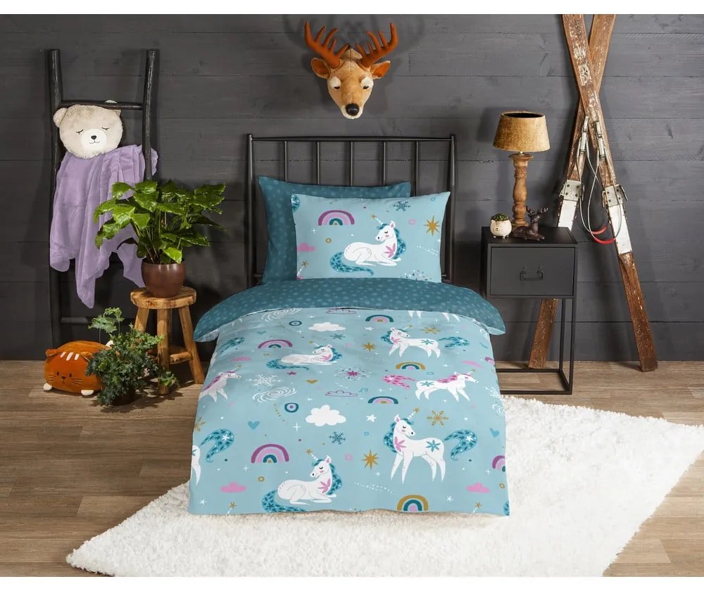 Modré flanelové detské obliečky na jednolôžko/predĺžené 140x220 cm Snowycorn – Good Morning