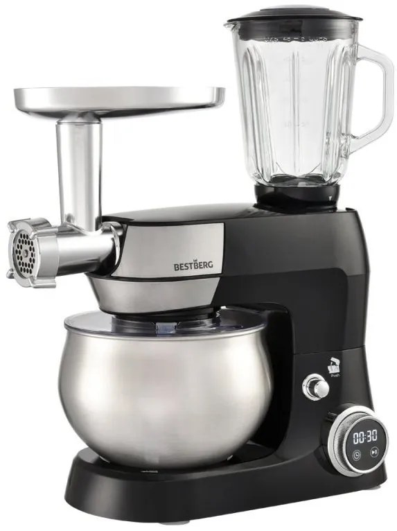 MEGAKOMBO Multifunkčný kuchynský robot BestBerg BBR-1900B + 15dielna sada riadu s mramorovým povrchom BestBerg BBN-1015A / čierna