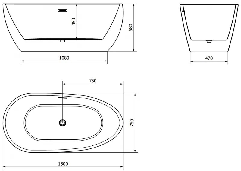 Mexen Eos, voľne stojaca vaňa 150 x 75 cm, biela-čierna, grafitový prepad, 52471507575-66