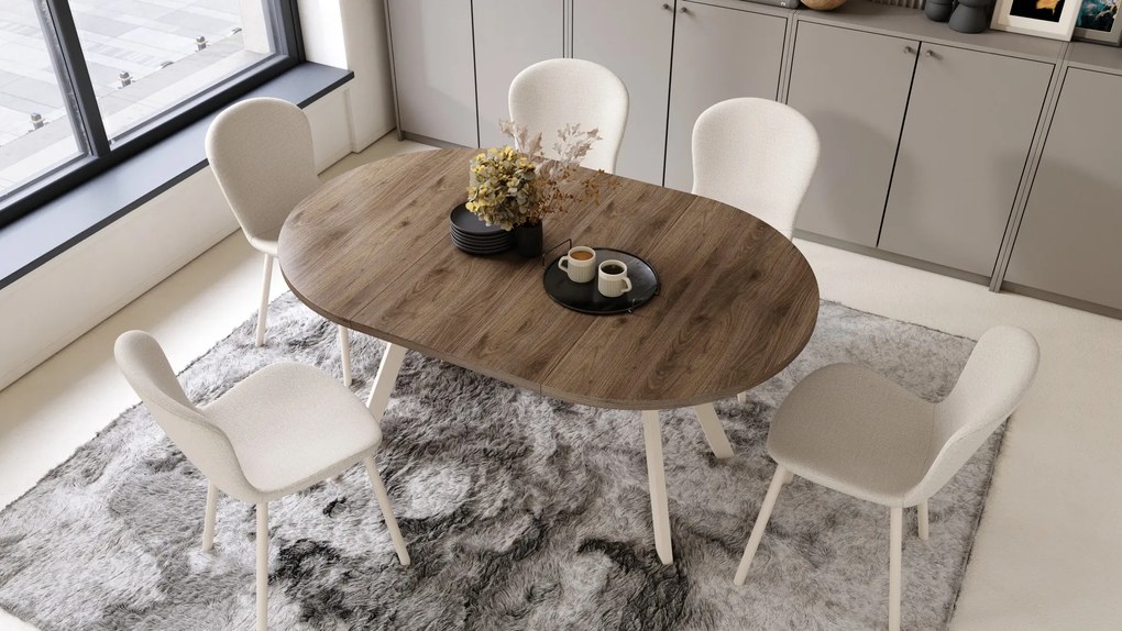 ALMO Elegantný orech/béžové nohy - OKRÚHLY LOFTOVÝ/INDUSTRIÁLNY ROZKLADACÍ STÔL DO OBÝVAČKY/JEDÁLNE