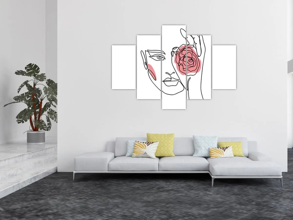 Obraz - Line art tvár s ružou (150x105 cm)