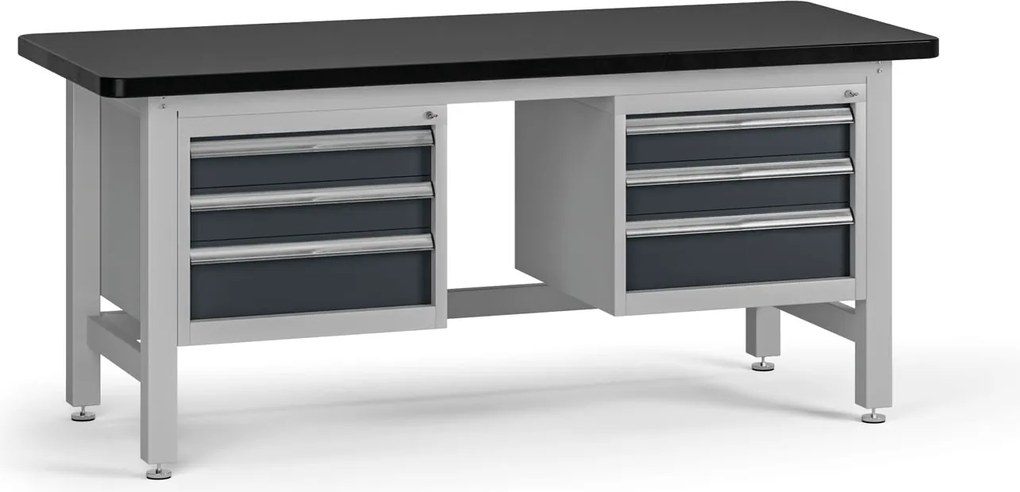 Pracovný stôl do dielne G4 s 2 závesnými boxami na náradie, MDF + PVC doska, 6 zásuviek, 1800 x 750 x 800 mm, grafit