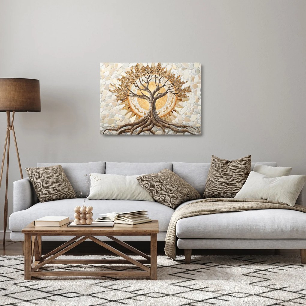 Sklenený obraz – Zlatý strom života v mozaike (70x50 cm)