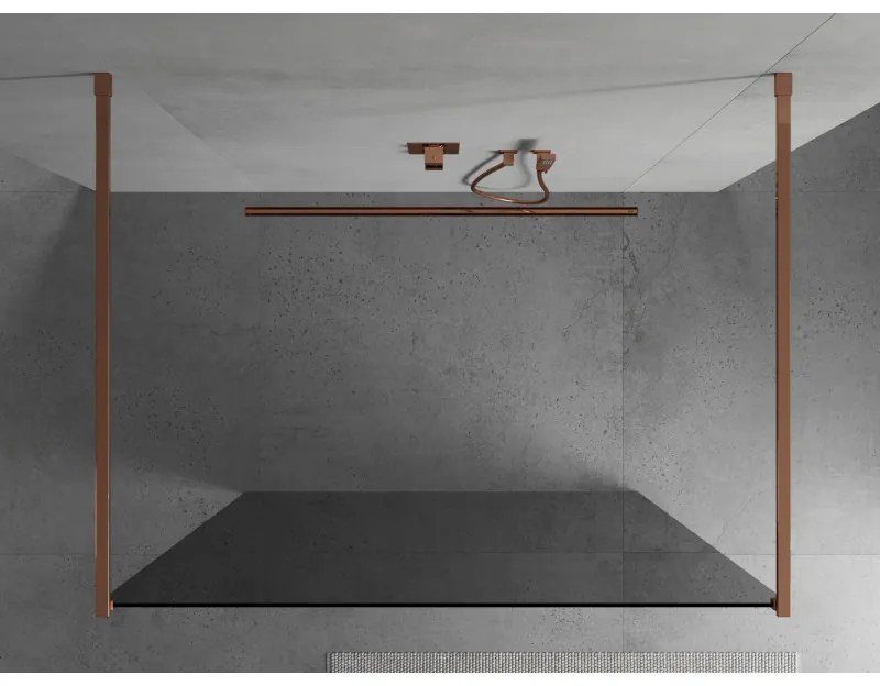Mexen Kioto, priechodná sprchová zástena 120 x 200 cm, 8mm šedé sklo, 2x zlatá stabilizačná rozpera, profil ružové zlato, 800-120-002-60-40