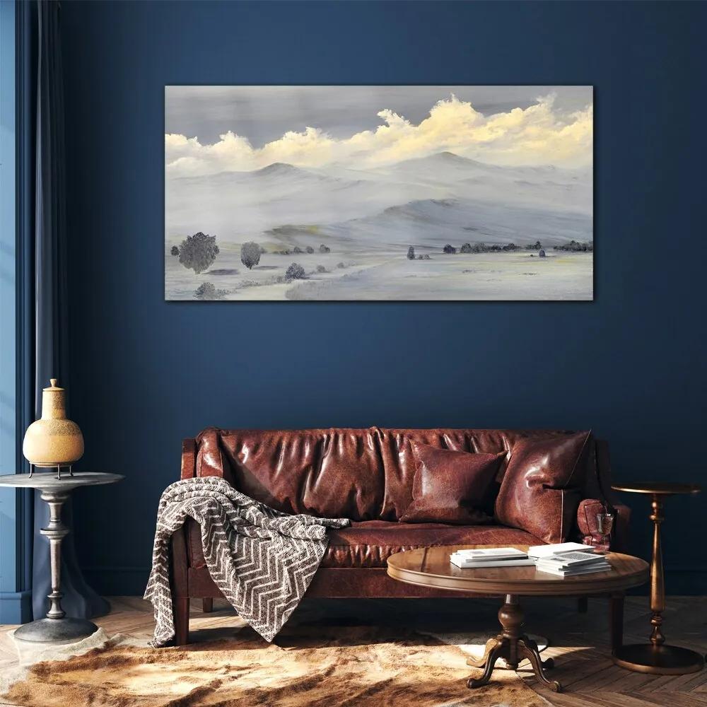 Skleneny obraz Zimné maľovanie hory mraky