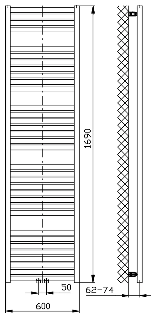 Aqualine Aqualine, TONDI vykurovacie teleso 600x1690 mm, stredové pripojenie, čierna matná, DT496T