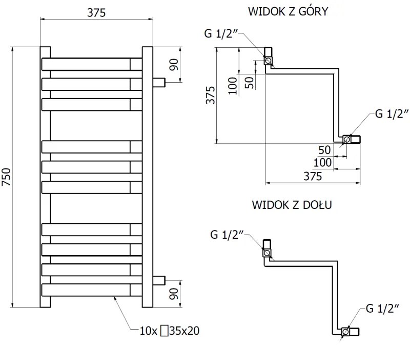 Mexen Loop, kúpeľňový radiátor 750 x 375 mm, 413 W, čierna, W129-0750-350-00-70