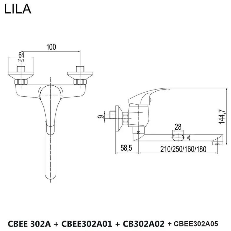 Mereo, Drezová nástenná batéria, Lila, s ramienkom plochým rovným 210 mm, chróm, MER-CBEE302A