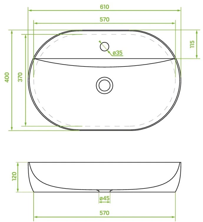Laveo Lomami, umývadlo na dosku 610x400x120 mm, biela lesklá, LAV-VUL_6161