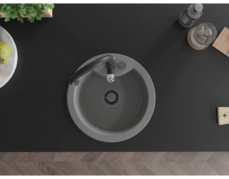 Mexen Diego, 1-komorový granitový drez 488x488x167 mm a drezová batéria Savita, šedá, 6512-71-672601-70-B