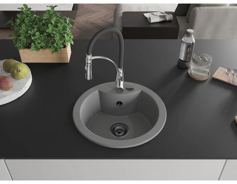 Mexen Diego, 1-komorový granitový drez 488x488x167 mm a drezová batéria Aster, šedá, 6512-71-73450-07-B