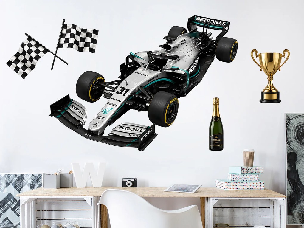 Strieborná a čierna Formule 1 textilní prelepiteľná nálepka na stenu list 75 x 54 cm