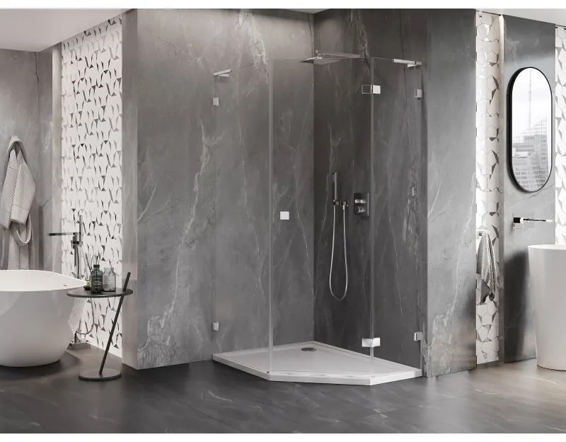 Mexen Lunar, L pravý výklopný päťuholníkový sprchový kút 90 x 100 cm, 8mm číre sklo, chrómový profil, 831L-090P-100L-01-00-P