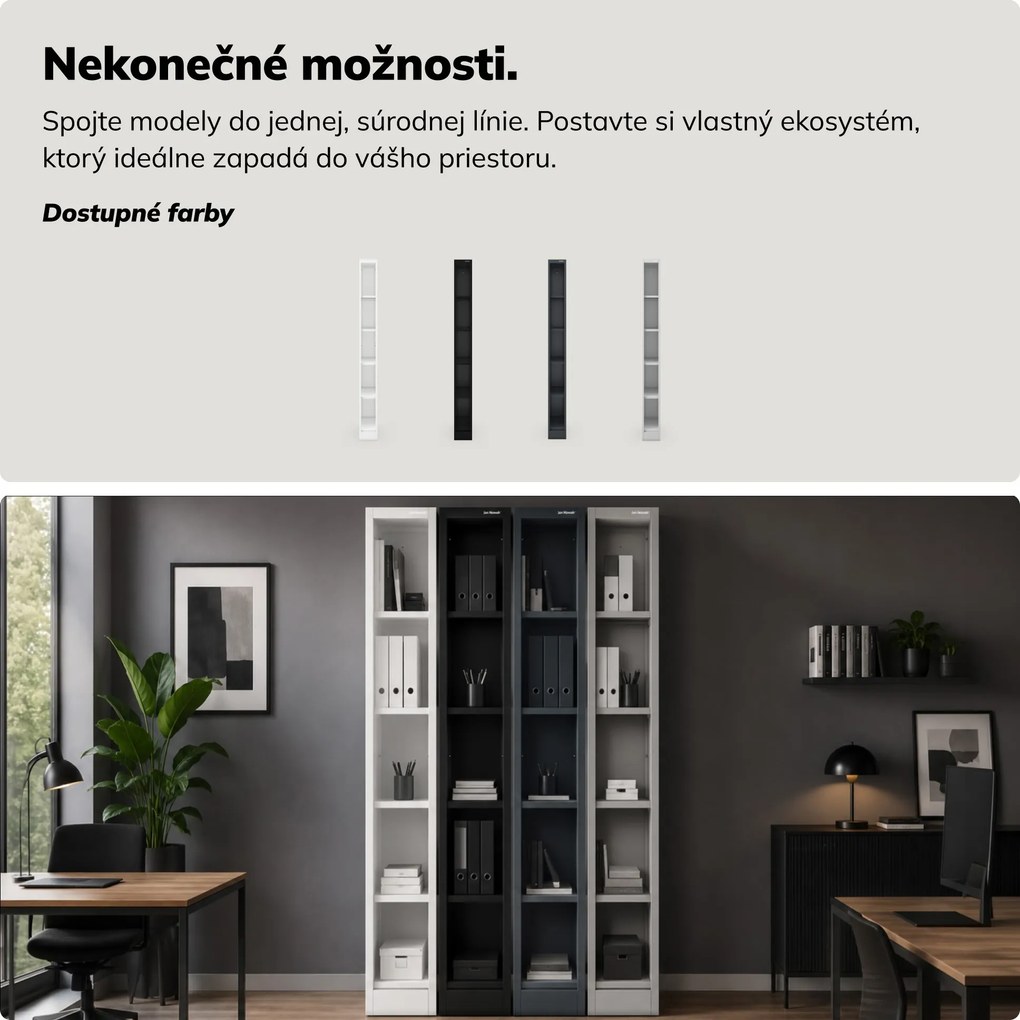 Úzky kovový archivačný regál na dokumenty biely, 250x1850x450 mm: TIM