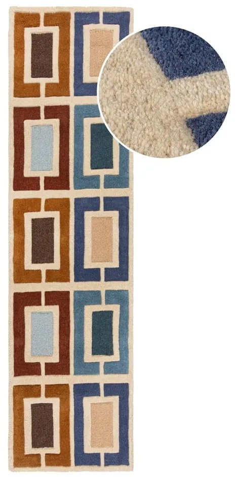 Modro-oranžový ručne tkaný vlnený behúň 60x230 cm Retro Blocks – Flair Rugs