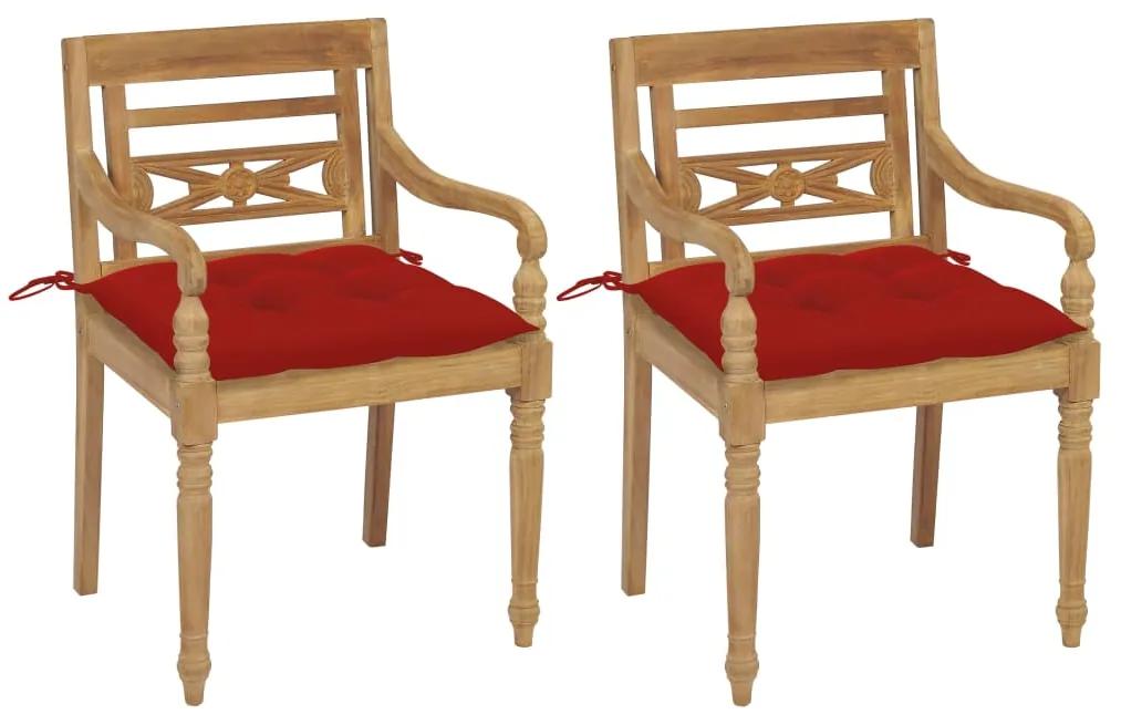 vidaXL Batavia stoličky 2 ks s červenými vankúšmi masívny teak