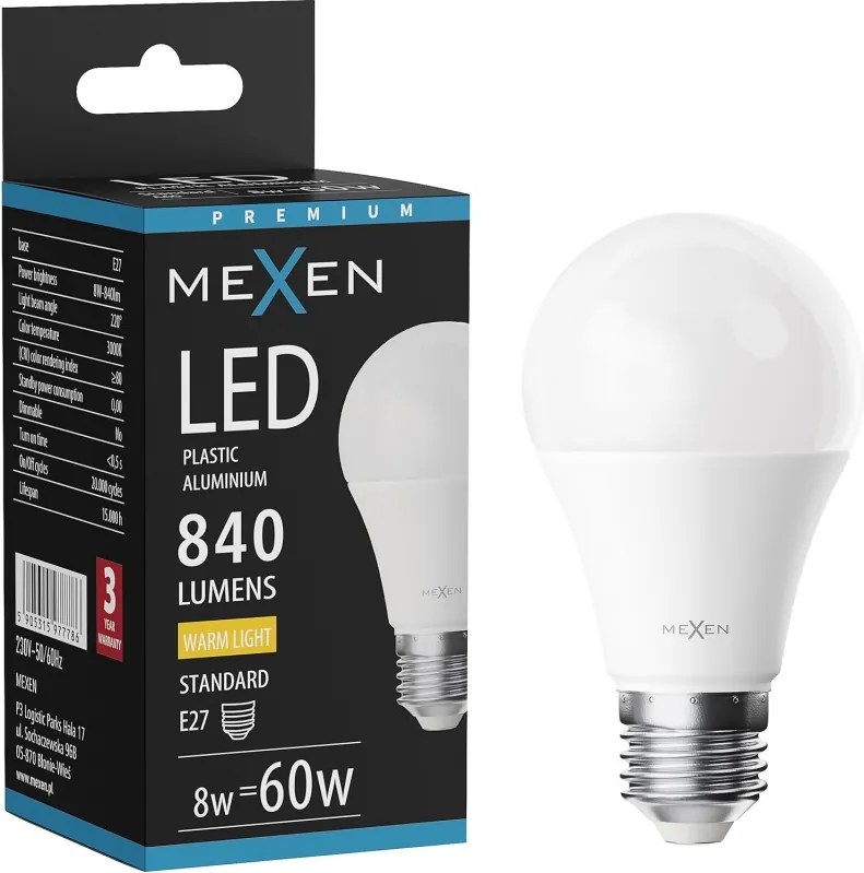 Mexen Nova, LED žiarovka E27, A60, 8W, teplá - 3000K, 840 lm - L100-E27-0830-01