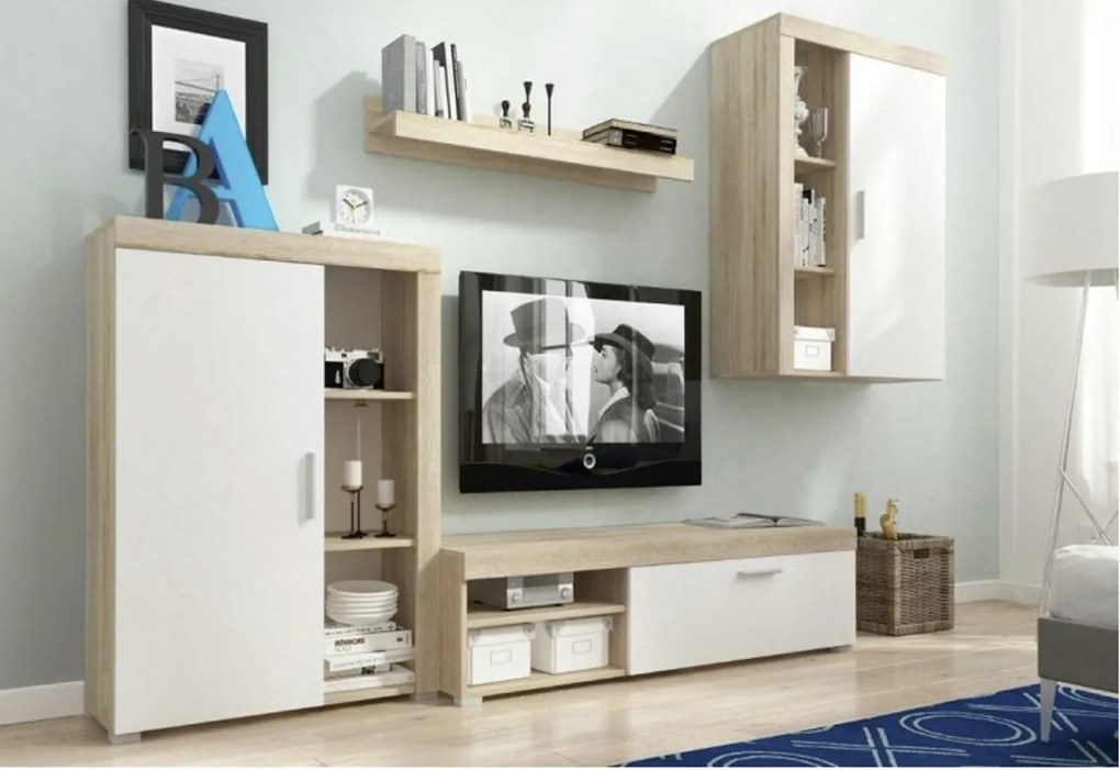 Obývacia stena LENA, 270x197x34-42 cm, dub sonoma/biely