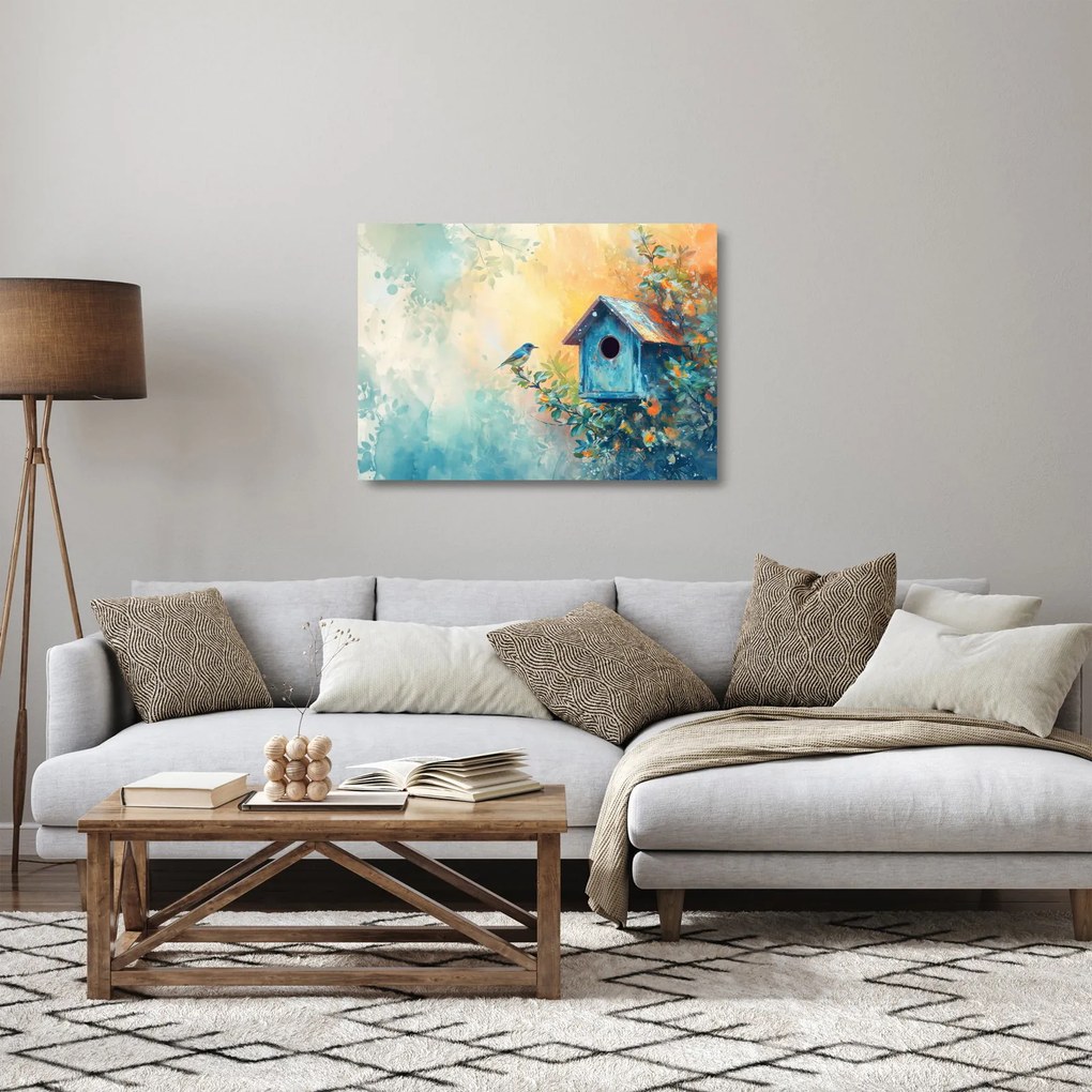 Sklenený obraz - Vtáčia búdka, akvarel (70x50 cm)