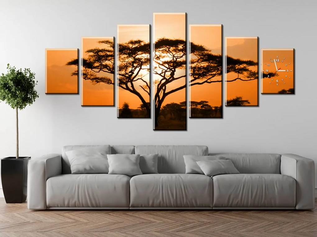 Gario Obraz s hodinami Nádherná africká krajina - 7 dielny Rozmery: 210 x 100 cm