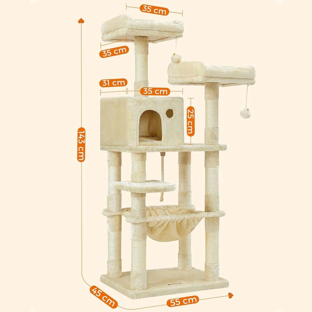Mačací strom, škrabadlo s 2 výhliadkami, výška 143 cm, béžový