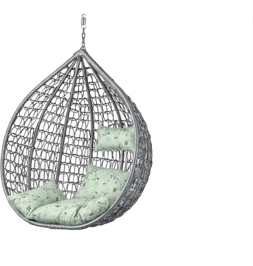 Sivé závesné kreslo KOKON bez stojanu, svetlozelený vankúš so vzorom